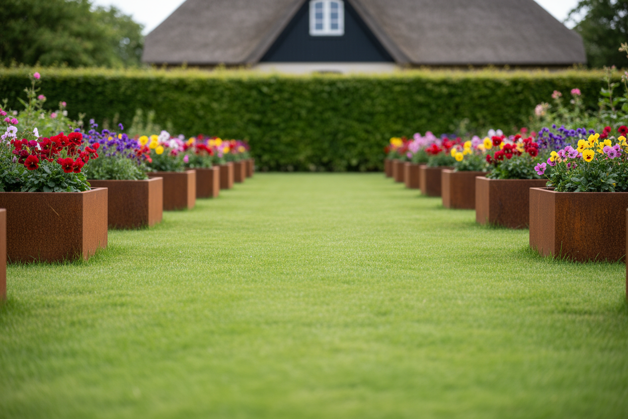 Danskproduceret højbede i 3mm cortenstål. Fuldsvejset og med ombukket kanter. Laves på special mål.
