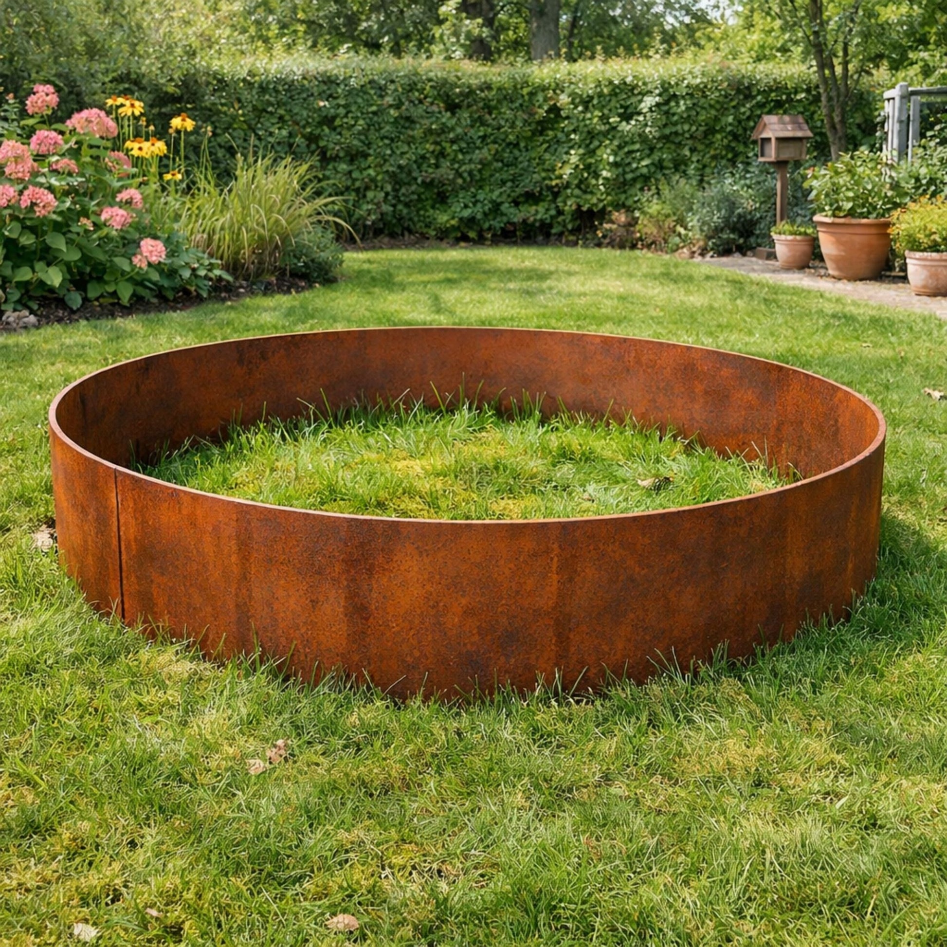 Rundt højbed til blomsterbed eller et træ. Lavet i 3 mm cortenstål. Bed ringen kan åbnes og sættes rundt om eksisterende træ. 