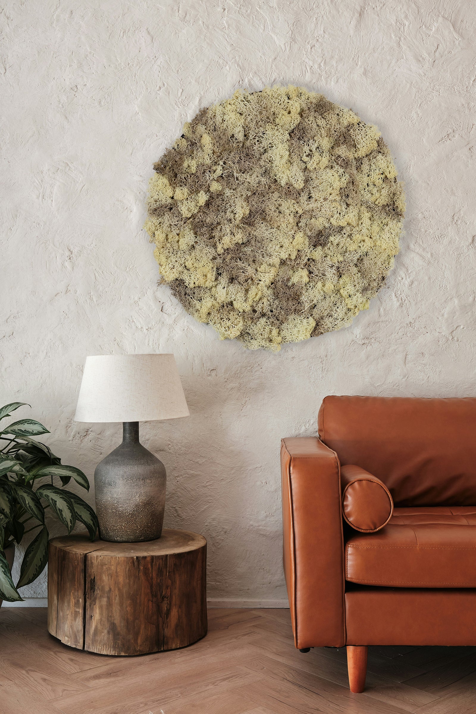 Rundt mosbillede med beige mos i flere nuancer og sort kant. Moskunst skaber en behagelig akustik og en afslappet atmosfære. 