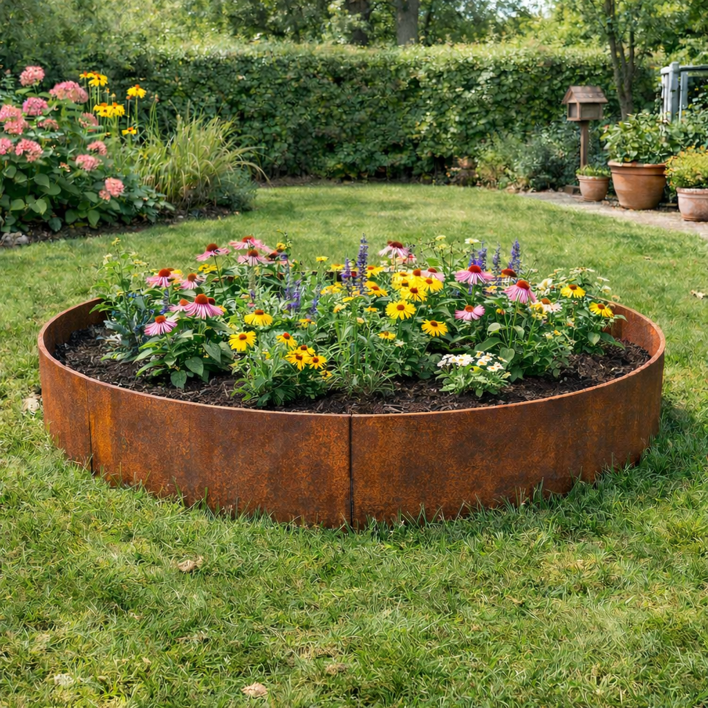 Rundt højbed til blomsterbed eller et træ. Lavet i 3 mm cortenstål. Bed ringen kan åbnes og sættes rundt om eksisterende træ. 