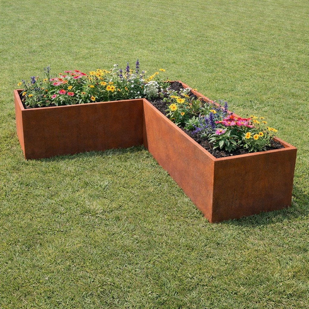 Vinkel højbed i 3 mm cortenstål. Fuldsvejset og ombukket kanter. Holdbarhed op til 30 år. Flere størrelser.