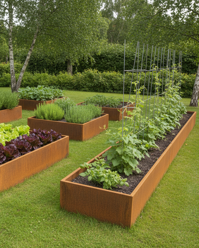 Højbede i 3 mm cortenstål. Fuldsvejset og ombukket kanter. Laves på special mål. Holdbarhed op til 30 år.